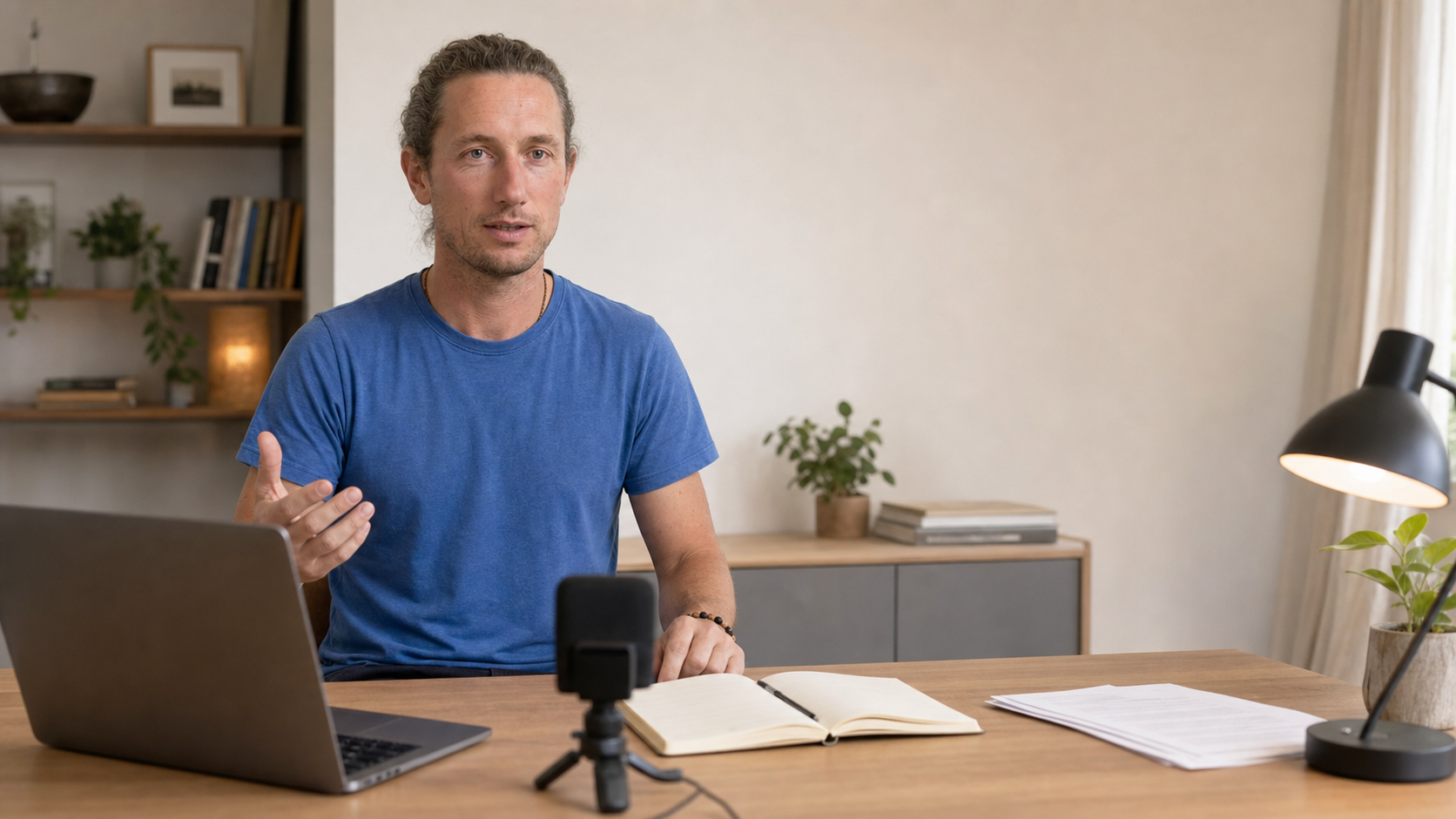 François présente sa méthode depuis son bureau, avec un ordinateur, un carnet et un micro.
