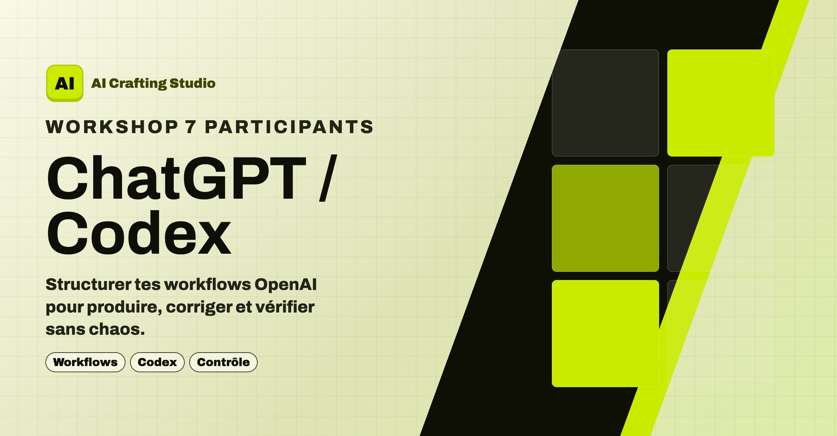 Aperçu ChatGPT / Codex pour AI Crafting Studio : workshop 7 participants, workflows, Codex et contrôle.