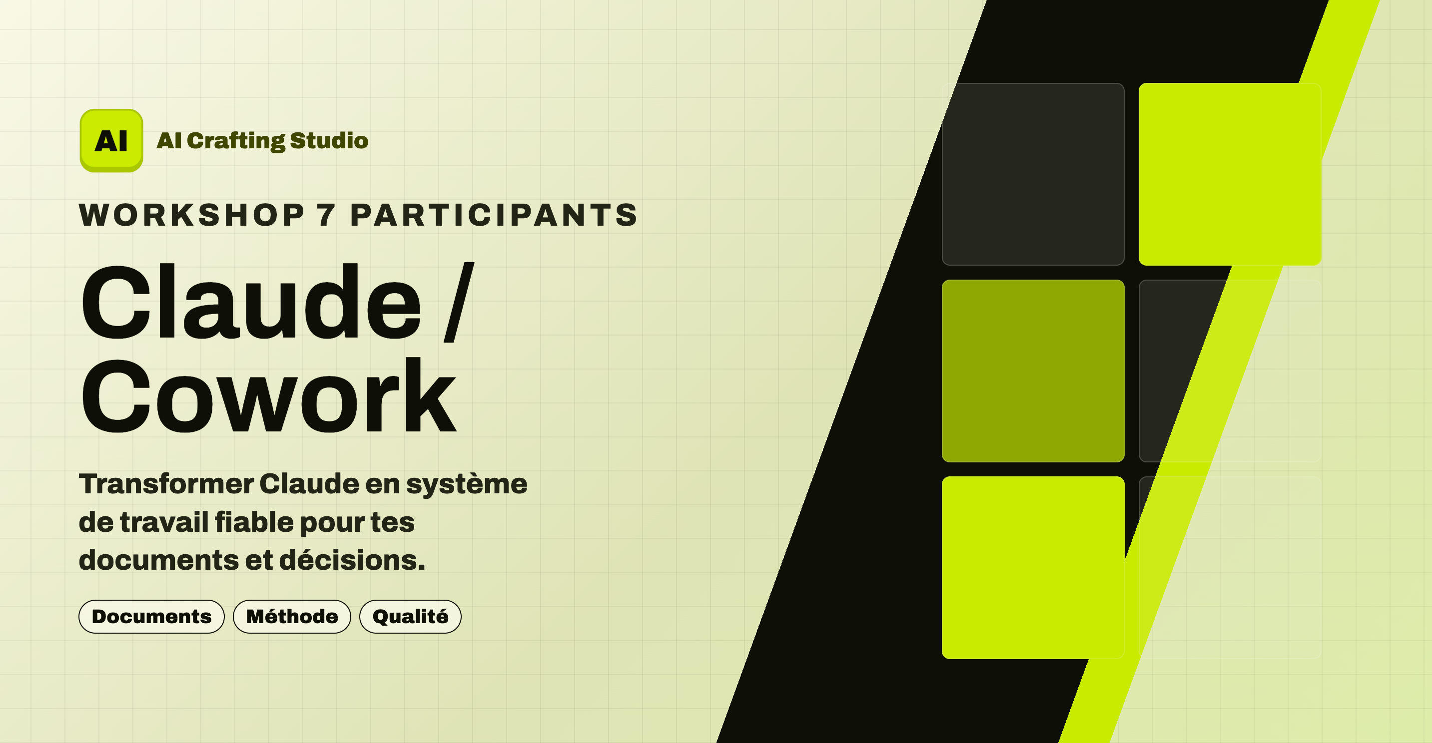 Aperçu Claude / Cowork pour AI Crafting Studio : workshop 7 participants, documents, méthode et qualité.