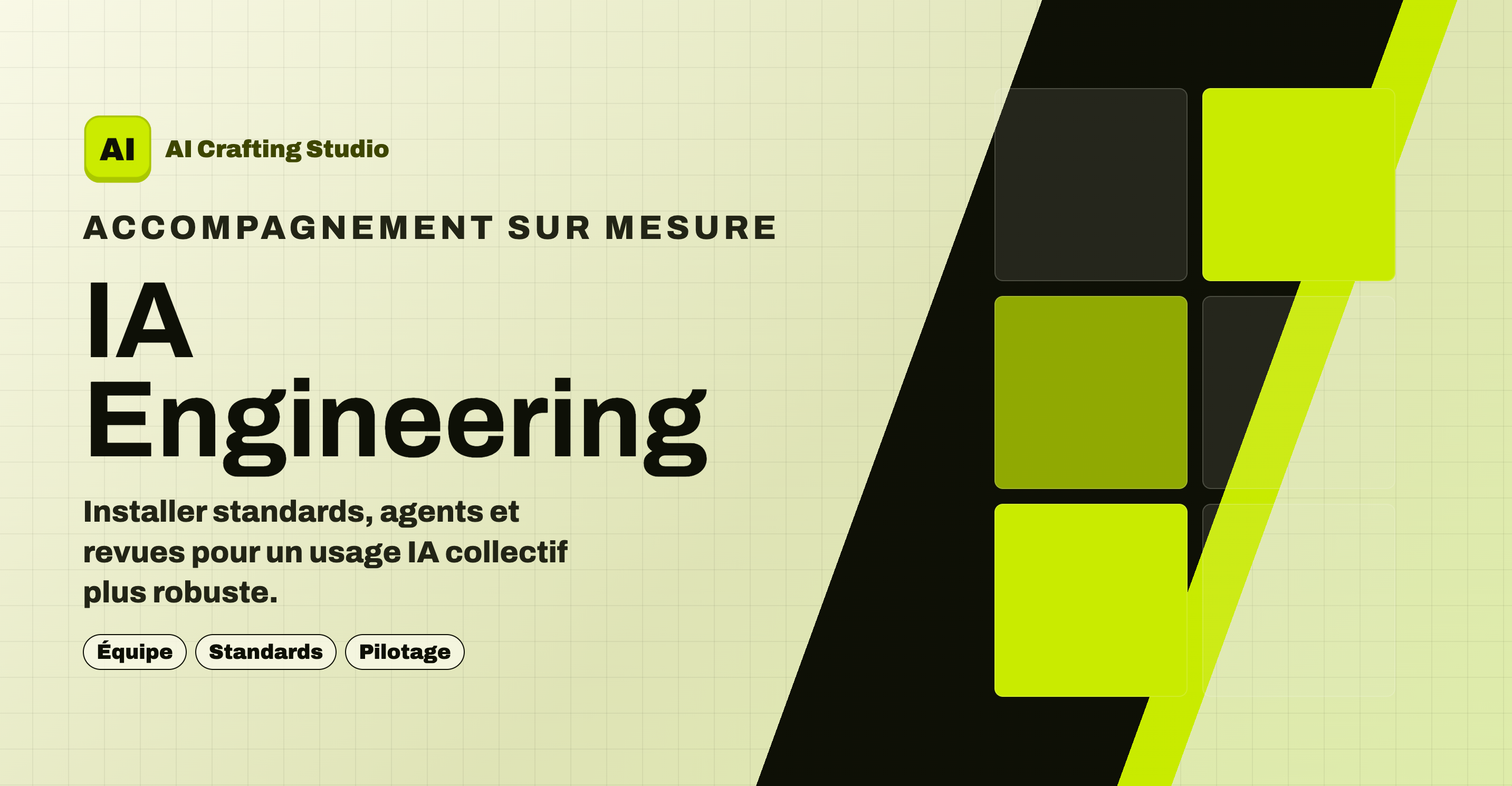 Aperçu IA Engineering pour AI Crafting Studio : accompagnement sur mesure, équipe, standards et pilotage.